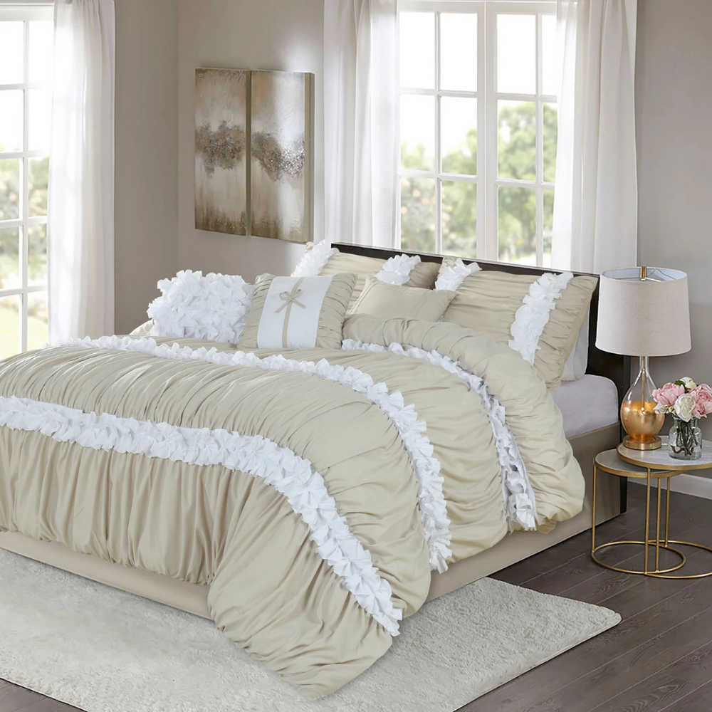 7 Piece Ruched Pleat Comforter Set White Romantic Bed in a Bag