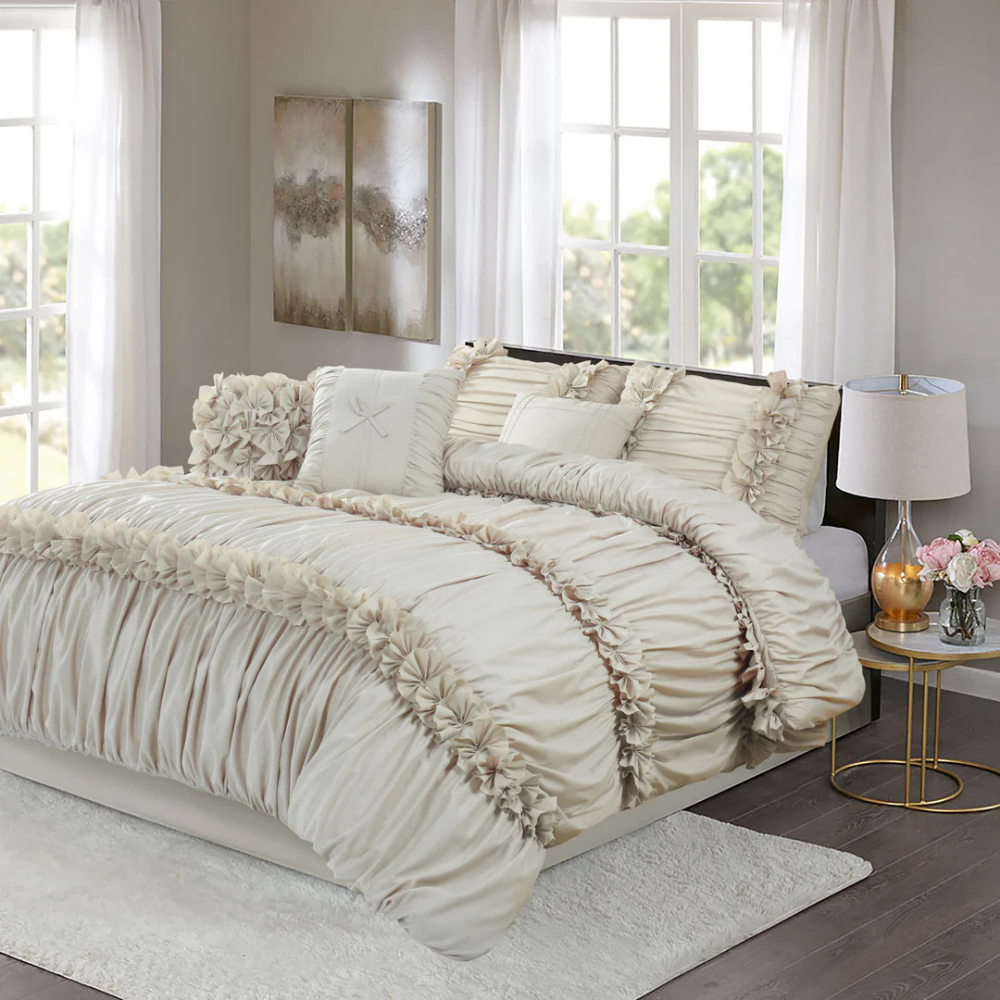 7 Piece Ruched Pleat Comforter Set White Romantic Bed in a Bag