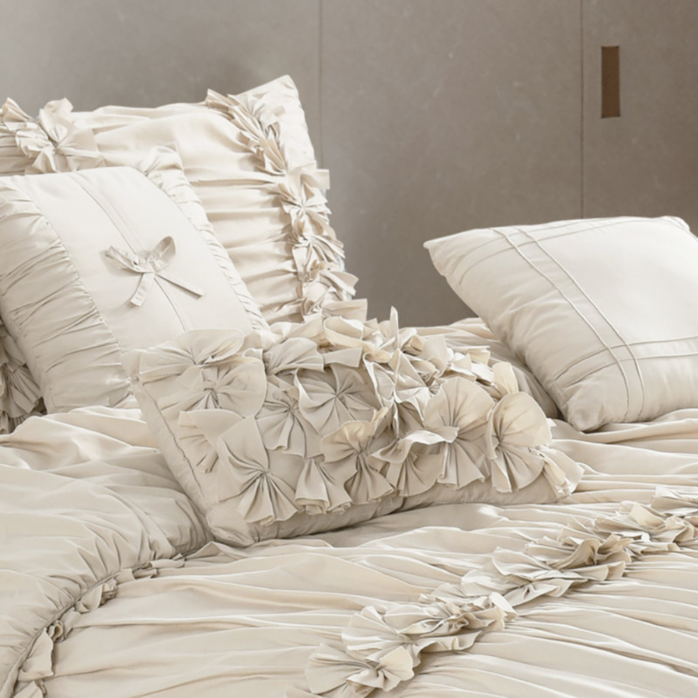 7 Piece Ruched Pleat Comforter Set White Romantic Bed in a Bag