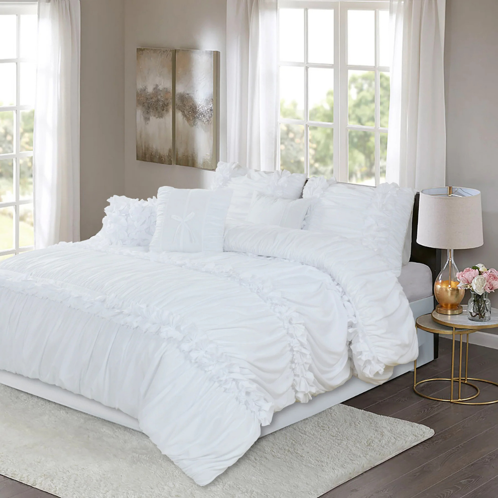 7 Piece Ruched Pleat Comforter Set White Romantic Bed in a Bag